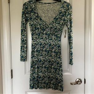 NWT BP | Blue Green White Long Sleeve Floral Print A-line Dress | size XS